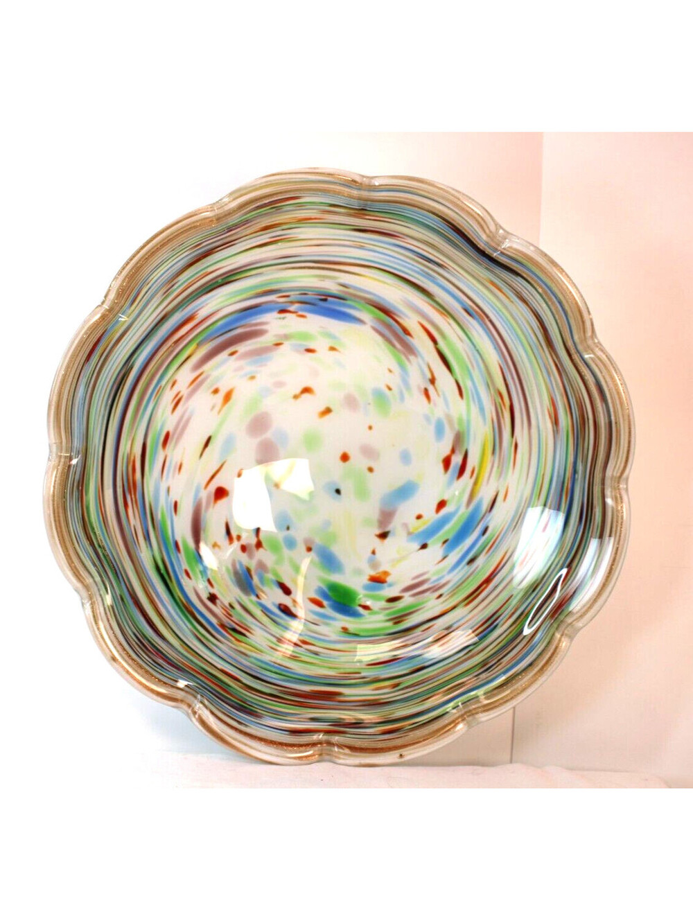 Vtg MCM Murano art deco glass confetti rainbow swirl bowl 10"scalloped edge HVY